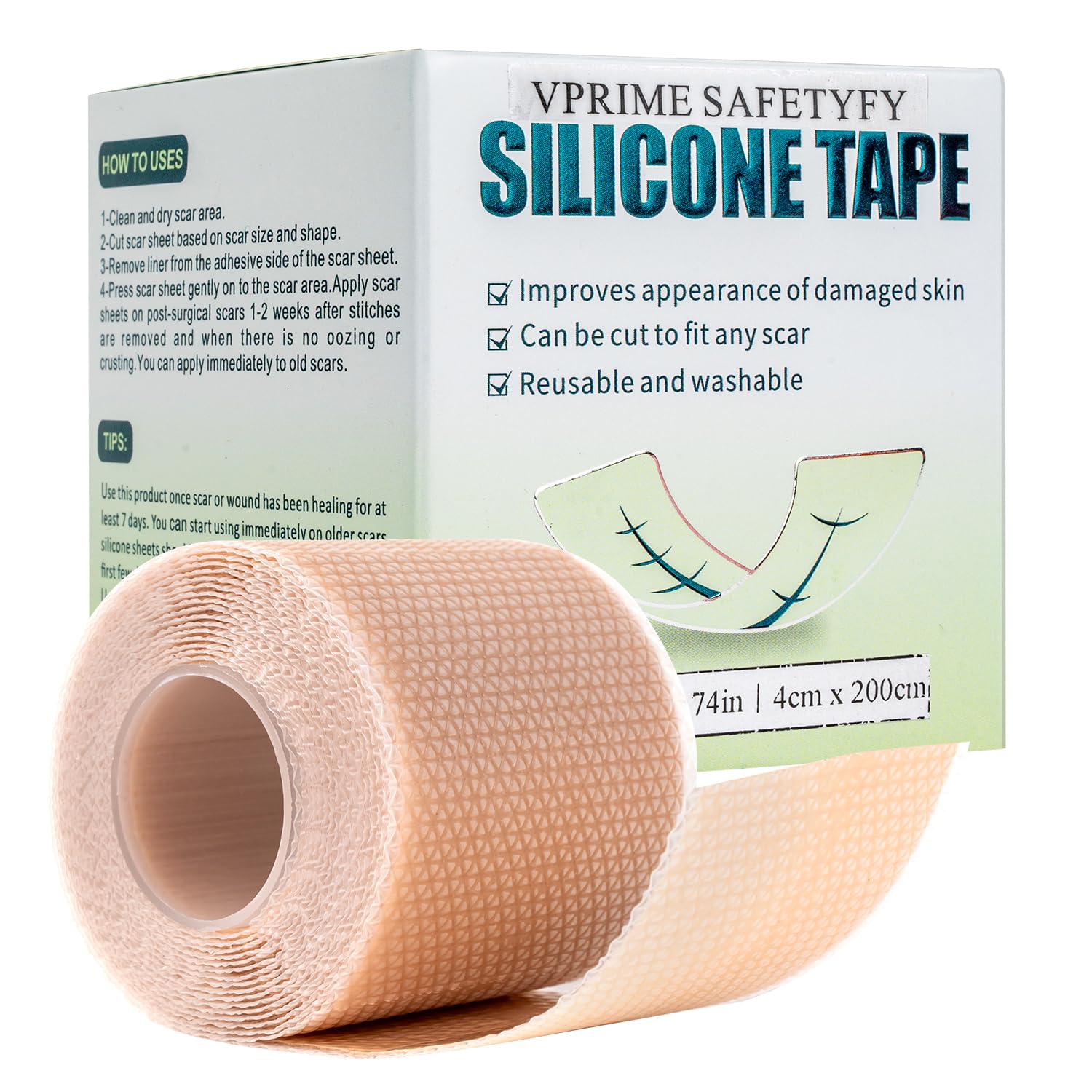 VPRIME SAFETYFY Silicone Scar Tape, Silicone Scar Sheets for Surgical Scars (1.6"x 80" Roll-2M), Medical Ggrade Scar Tape for Scars, Keloid, Acne Scars, Burn, C-Section, Stretch Marks Scars Away