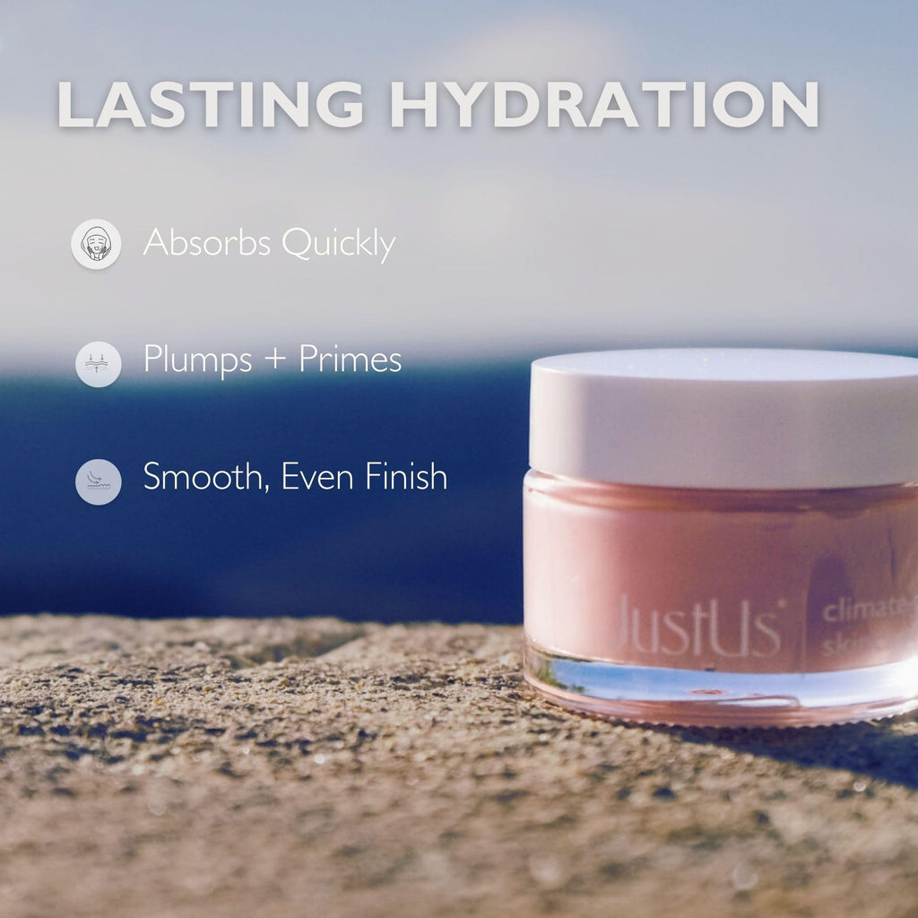 JustUs Skincare, Deep Hydration Gel Balm - Lightweight Daily Moisturizer for Face, primer + hydration, plumps, smooths + evens skin, with Alpha Arbutin, Tripeptides, Beta Glucan + Plum – 50ml / 1.67oz