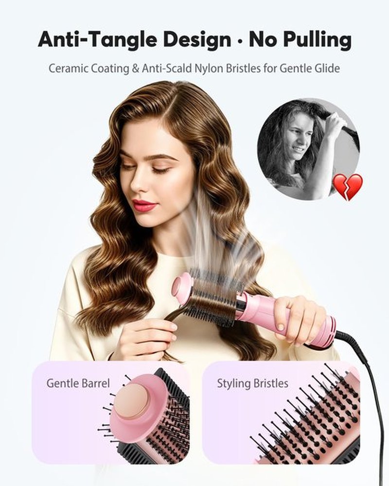 Dual Voltage Travel Blow Dryer Brush, Mini Hair Dryer Brush with Auto 100–240V, EU/UK Plug Ready, 4-in-1 Compact Hot Air Brush Lightweight, Ionic for Smooth & Voluminous Hair Anywhere