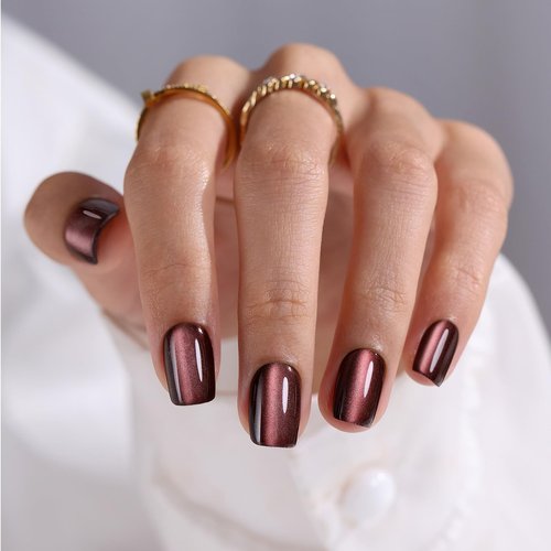 Fall Chocolate Brown Press On Nails Cat Eye Short - GJZEZ Soft Gel Thanksgiving Square Glass Cateye Magnetic Nails Press Ons Thick Opaque False Nails Press Ons, Halloween Glue On Nails, Cocoa Brown