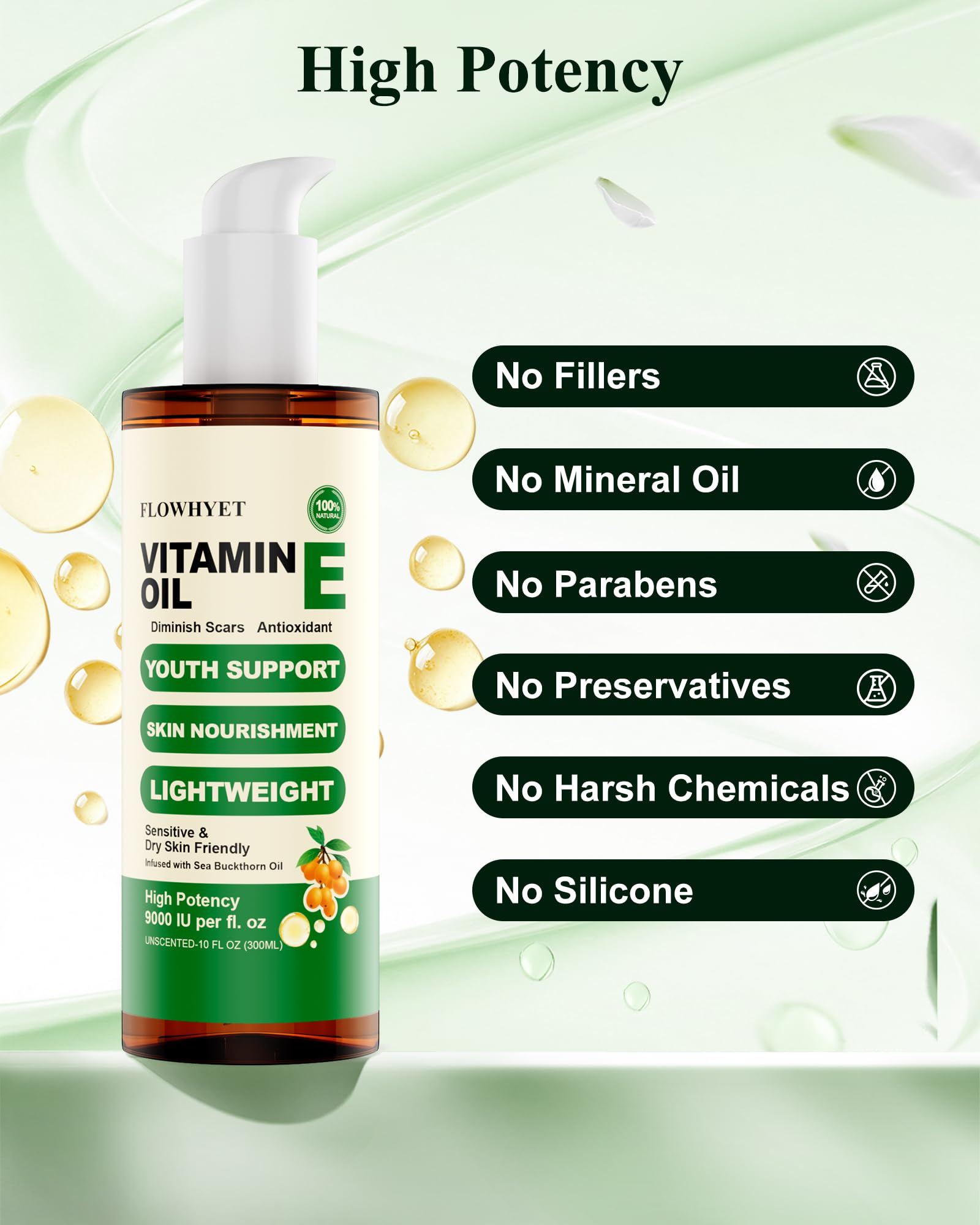 FLOWHYET 16 Floz Pure Vitamin E Oil For Scars, Organic vit e Nail Oil for Face, Skin, Body and Hair, Nourish Dry Skin, Maintain Youthful, Antioxidant, Fade Scars LIGHTWEIGHT - 500ml