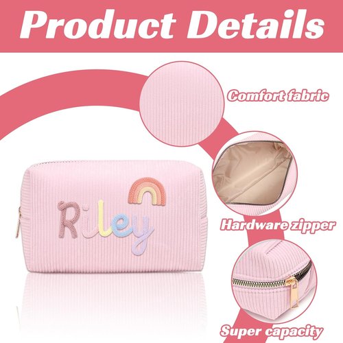 KAINSY Personalized Corduroy Makeup Bag - Custom Name & Pattern Design | Small Travel Cosmetic Pouch