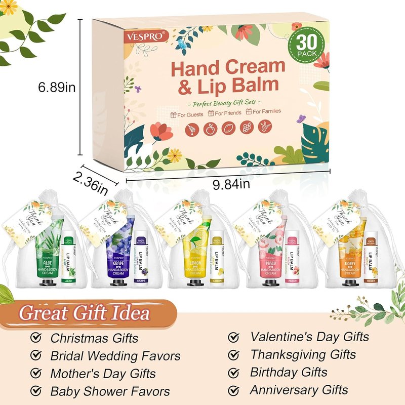 VESPRO Hand Cream & Lip Balm Set - 30 Pack Gift Set with Thank You Cards & Organza Bags | Perfect for Mother's Day, Weddings, Birthdays & Teacher Appreciation