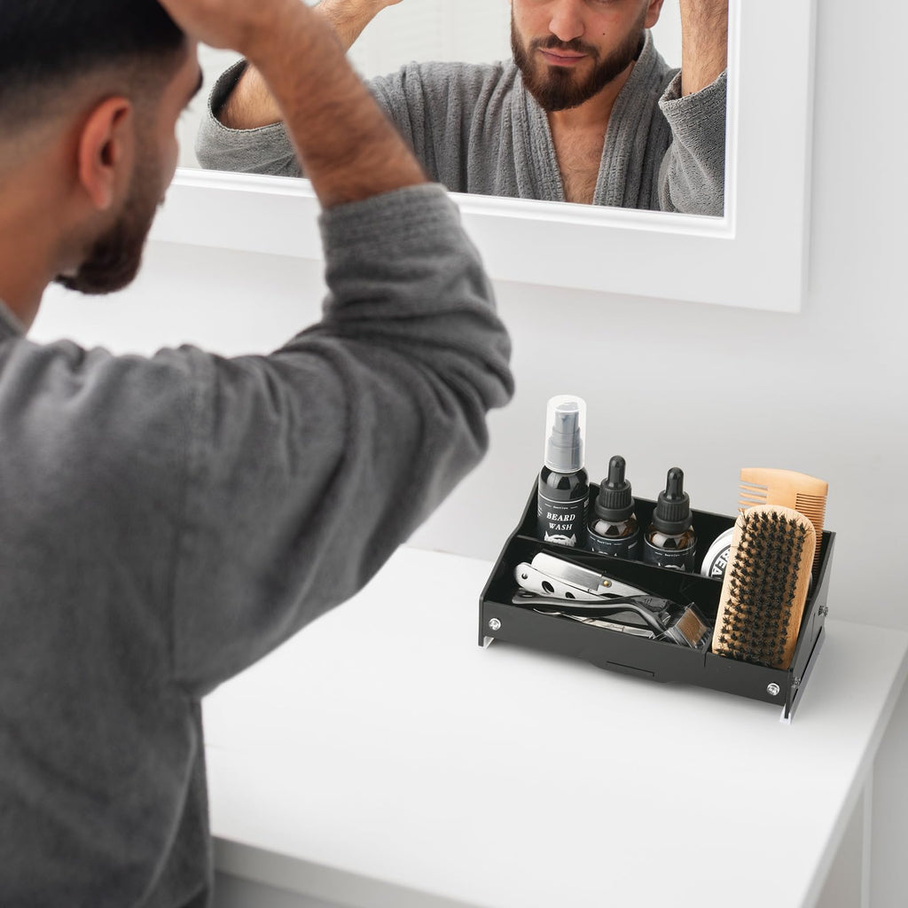 Beautyflier Beard Growth Kit Organizer Case, Acrylic Stand Holder for Men Grooming Kit, Beard Set Storage Holder, Anniversary & Birthday Gifts for Him Boyfriend Husband Dad, Black (Holder Only)