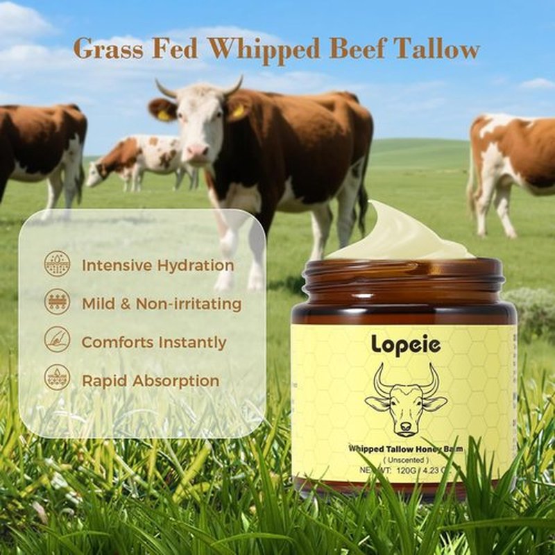 Lopeie Beef Tallow Moisturizer - Organic Grass-Fed Whipped Cream for Dry Skin | 4.23oz Unscented