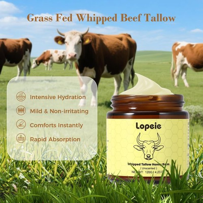 Lopeie Beef Tallow for Skin - Organic Grass Fed Whipped Moisturizer with Honey Balm, Natural Hydrating Cream for Face & Body, Relief for Dry & Sensitive Skin (4.23oz, Unscented)