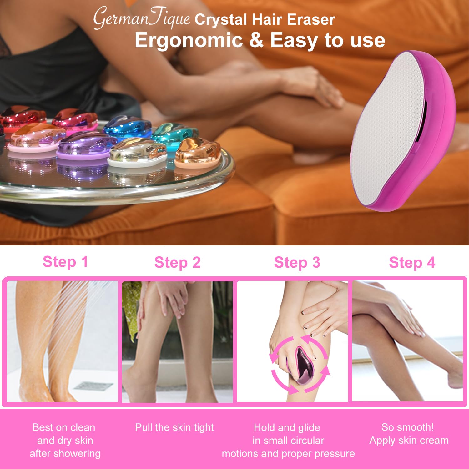 Germantique Crystal Hair Eraser,Natural Crystal Hair Remover,Reusable Painless Nano Glass Hair Removal Device Without Shaver,Gentle Crystal Epilator and Exfoliator for Soft Silky Skin(Hot Pink)