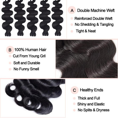 Body Wave Bundles with Closure Human Hair 12 12 12 14 14 with 10 Inch 4x4 HD Lace Closure 12A Raw 100% Virgin Human Hair Extensions Body Wave 5 Bundles and Closure Quick Weave Bundle for Women