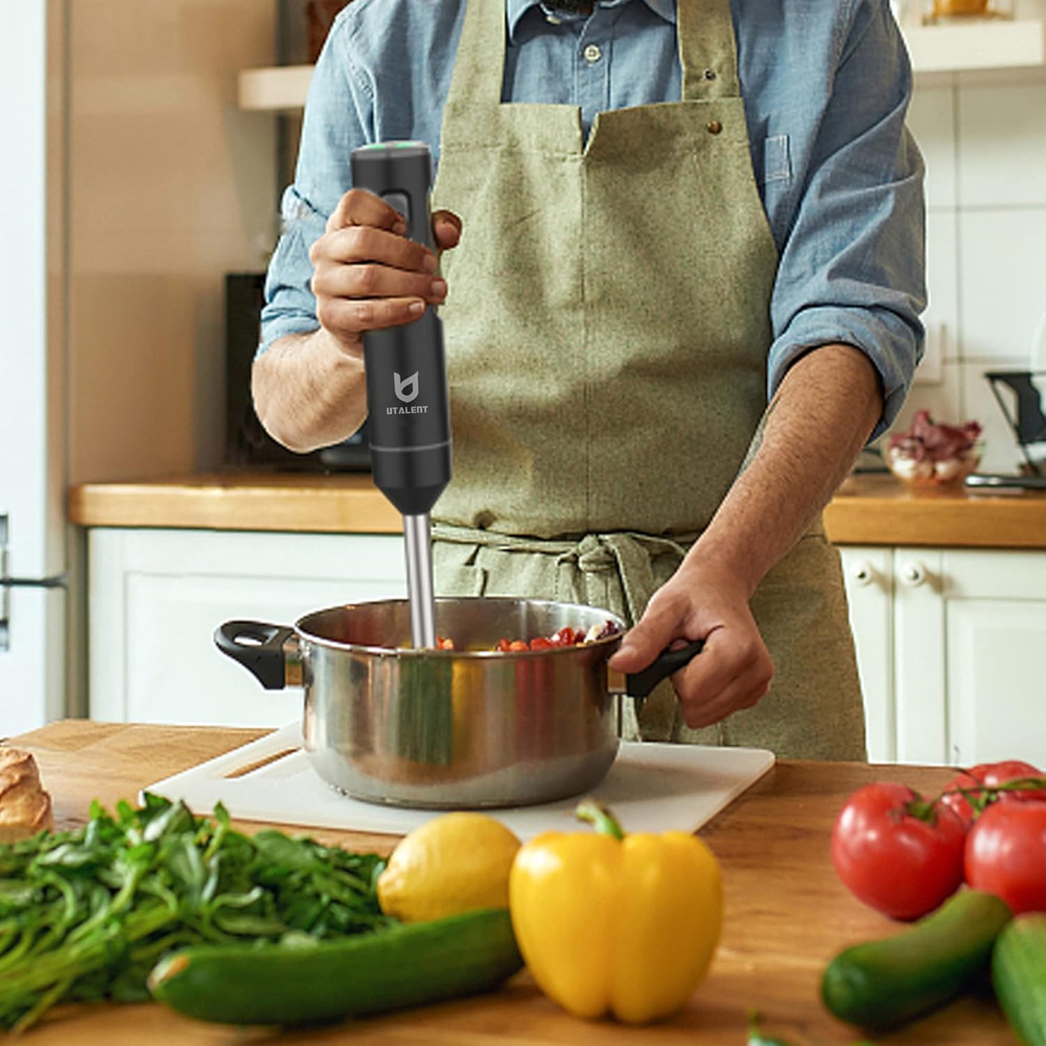 UTALENT Cordless Hand Blender - Variable Speed Immersion Blender with 500ml Chopper & 600ml Container - Black