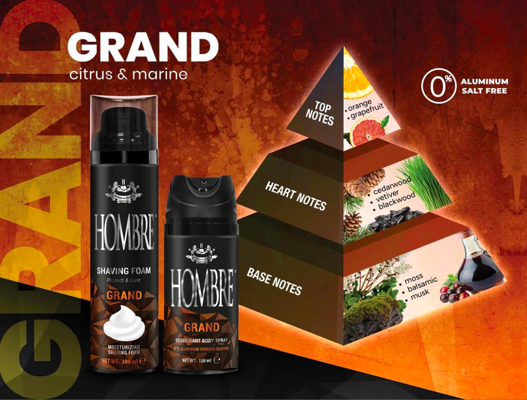 HOMBRE Grand Shave Foam for Men | Citrus Marine Woody Scent | Smooth Glide & Comfort | Aluminum-Free Formula 200 ml (Pack of 1)
