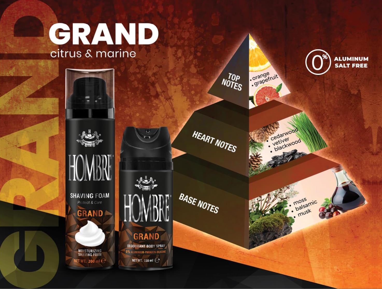 HOMBRE Grand Shave Foam for Men | Citrus Marine Woody Scent | Smooth Glide & Comfort | Aluminum-Free Formula 200 ml (Pack of 1)