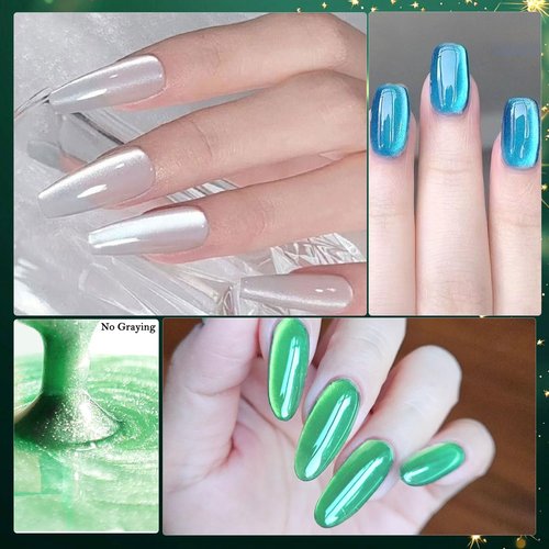 NAILGIL Glass Cat Eye Gel Nail Polish Set with Magnet 8 Colors, Silk Magnetic Cats Eye Polish Ceramic Green Red Silver Purple Blue Cateye Gel Moonlight Effect Soak Off Salon Quality, Christmas Series