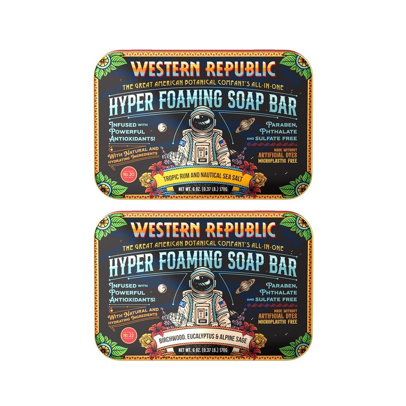 Western Republic Hyper Foaming Soap Bar | Birchwood, Eucalyptus & Alpine Sage and Tropic Rum & Nautical Sea Salt | Hydrating & Anti-Aging Ingredients | (2 Pack) | Made in USA