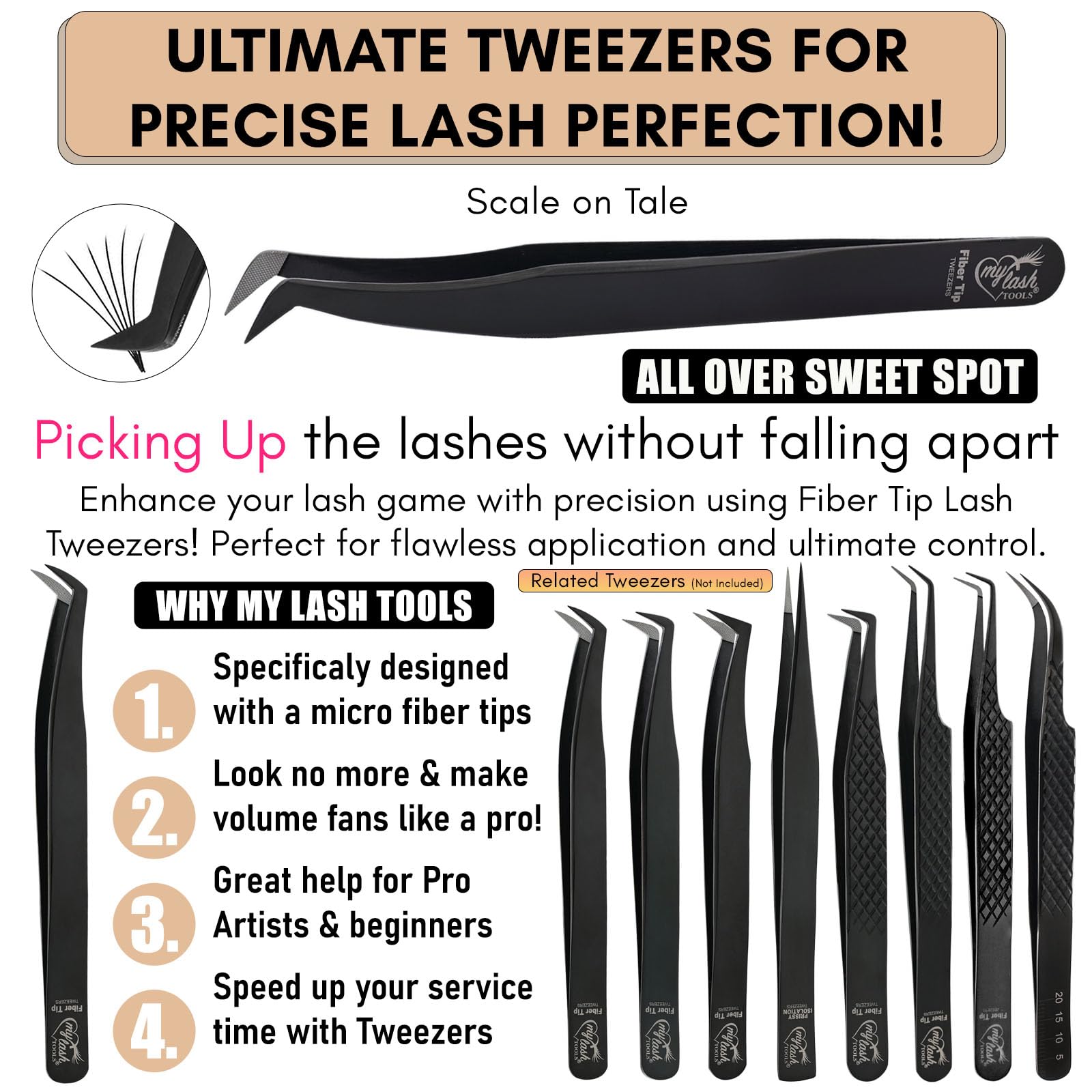 Fiber Tip Lash Tweezers for Eyelash Extensions – Mega Volume Precision Tweezer, Stainless Steel, Non Slip Grip, Professional Classic Lash Tool for Volume Fans (Black)