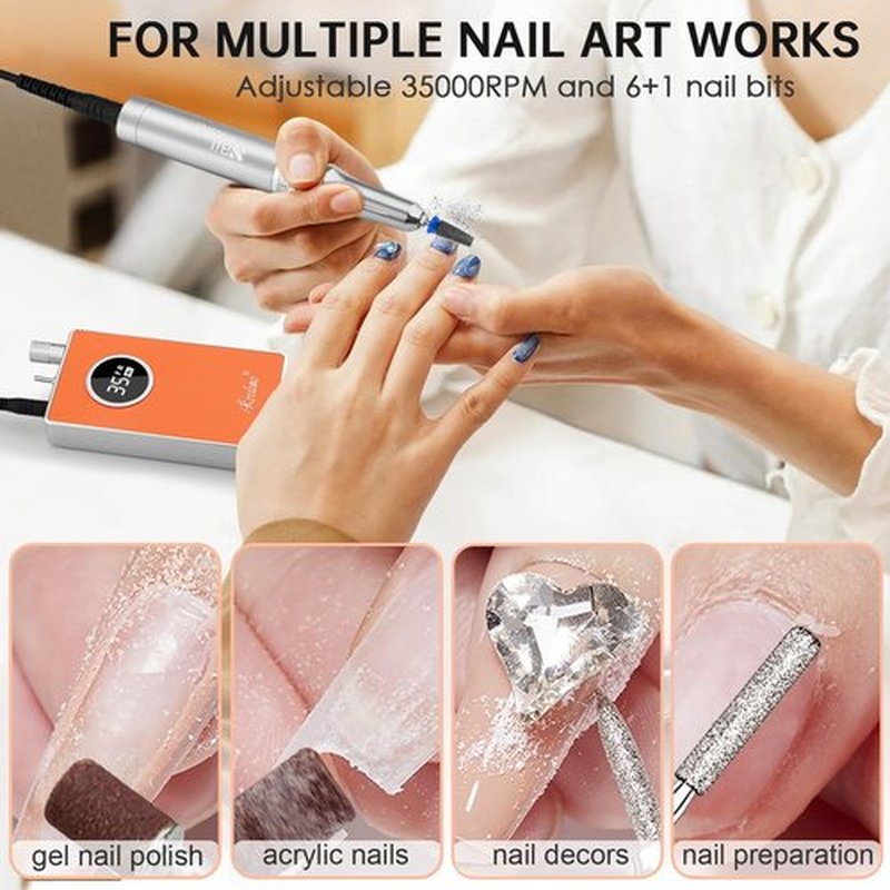 Kredioo Nail Drill Professional Super Quiet with Coreless Motor 35000RPM Electric File 6+1 Tungsten Bits Kit Portable Strong Drill para uñas Profesional Remove Acrylic Nails Dip Powder-Orange