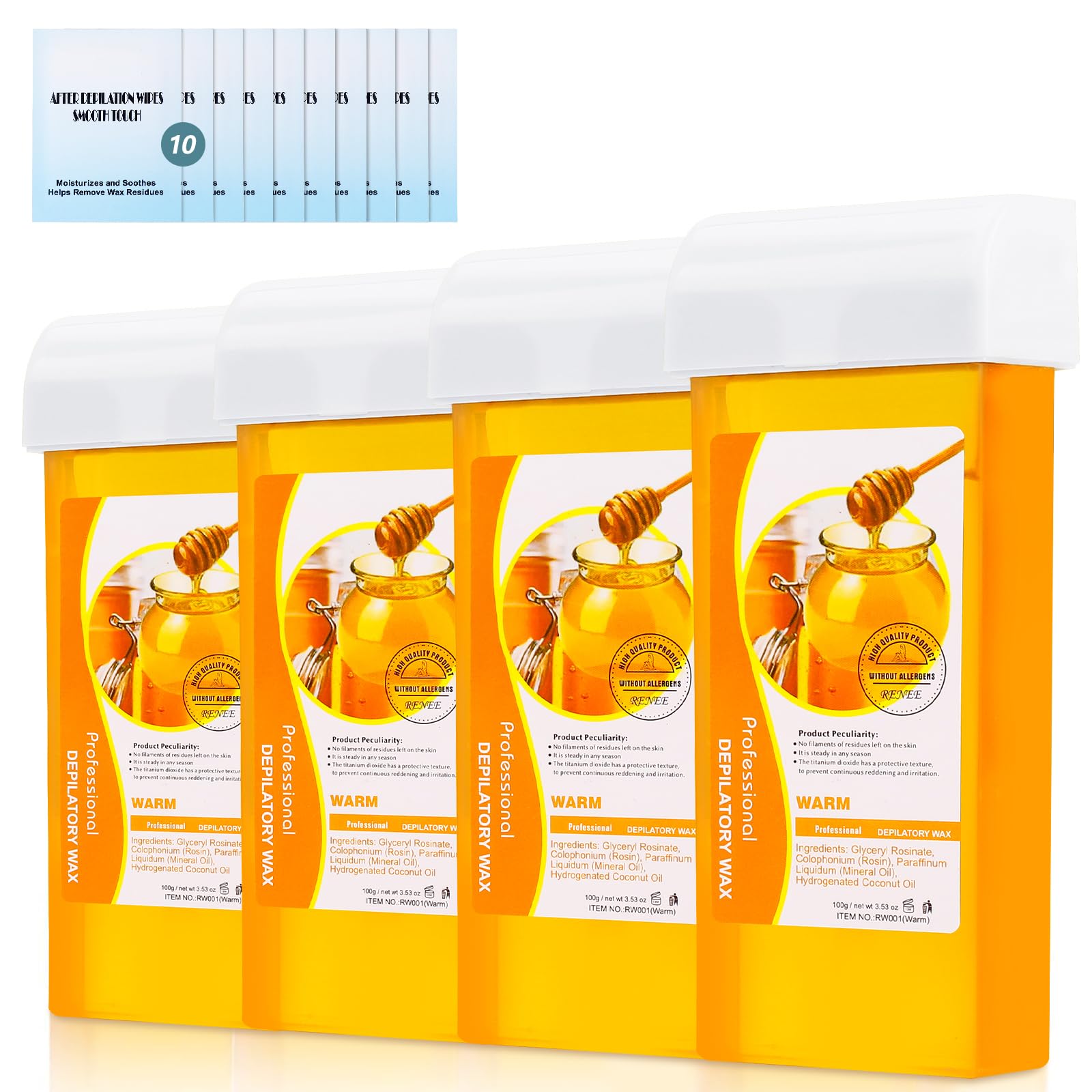 Roll on Wax Refill Kit: 4 Honey Wax Roller Refill & 10 Cleaning Wipes - Hair Removal Cartridge for Body Leg Arm (100g/3.53oz, 4 Pack)