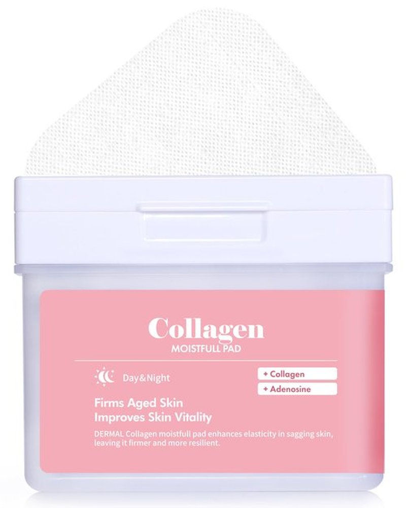 DERMAL Collagen Moistfull Lifting Toner Pad 120 Count Bulk, Korean Anti Aging Firming Pad with 10 Collagen Types and 3 Peptides, 300 Dalton Low Molecular, Large Vegan Tencel Square Pad with Tongs