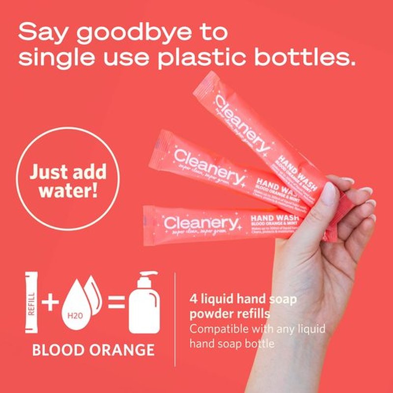 Cleanery Moisturizing Hand Soap Refill Powder Concentrate 4 Pack, 10 fl oz Refill, Blood Orange & Mint