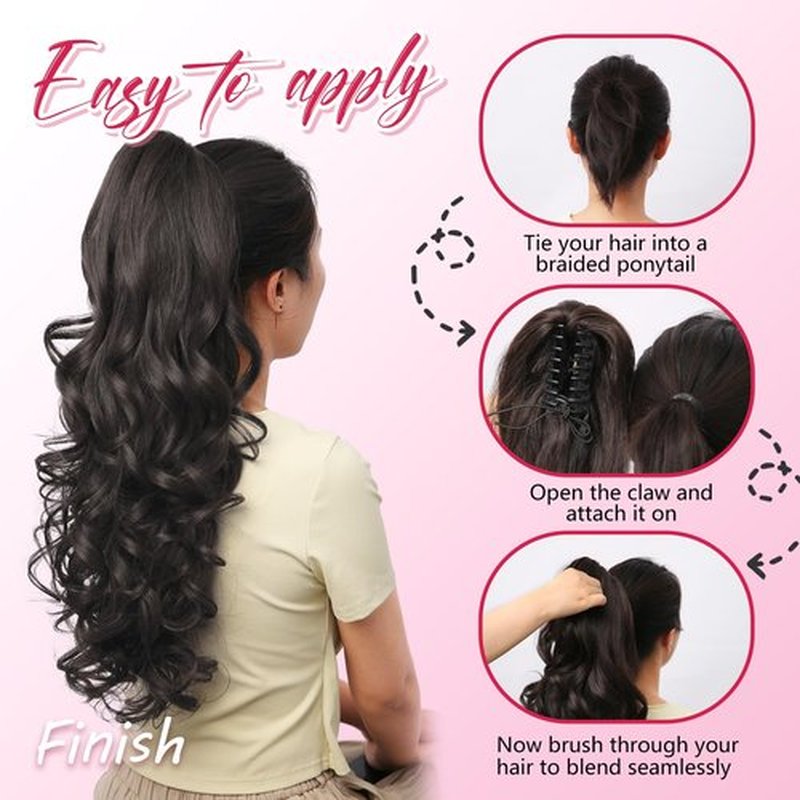 N NAYASA 24''Long Wavy Ponytail Extension, Burgundy Ombre Claw Clip Hair Piece, Long Curly Wavy Wine Red Ponytail Hair Extension Jaw Clip on Pony Tails Hairpiece for Women