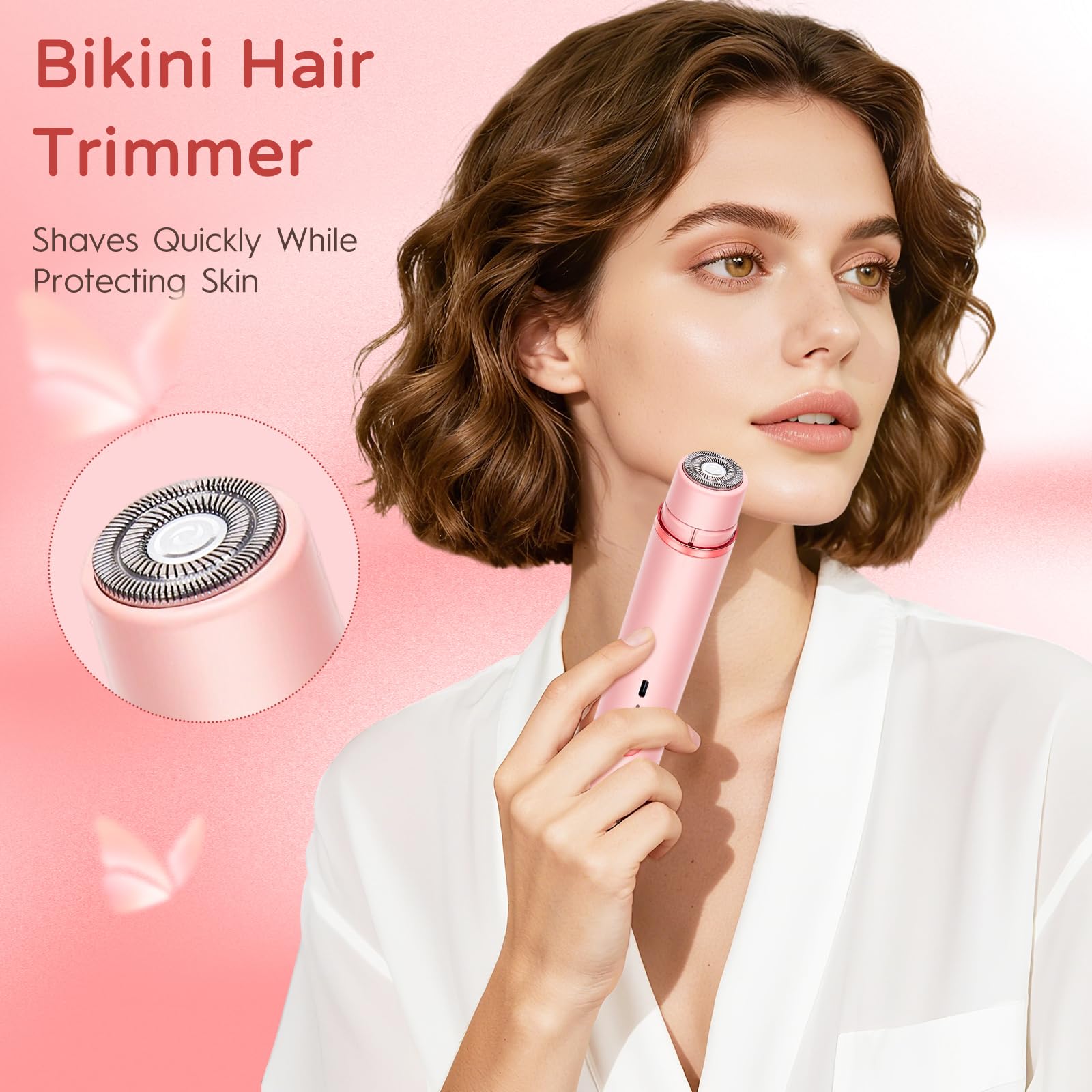 2-in-1 Electric Bikini Trimmer for Women, Dual Head Women’s Shaver & Razor, IPX7 Waterproof Cordless Hair Removal, Rechargeable Ceramic Blade Kit for Face Pubic Legs Underarm, Pink