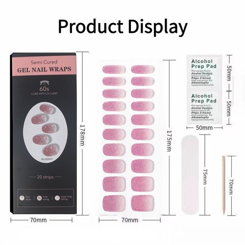 SIUDXA Semi Cured Gel Stickers - Salon Quality UV Manicure Wraps, Long Lasting DIY Finger Decals, Easy Application, Pink Gradient Glitter (20 PCS)