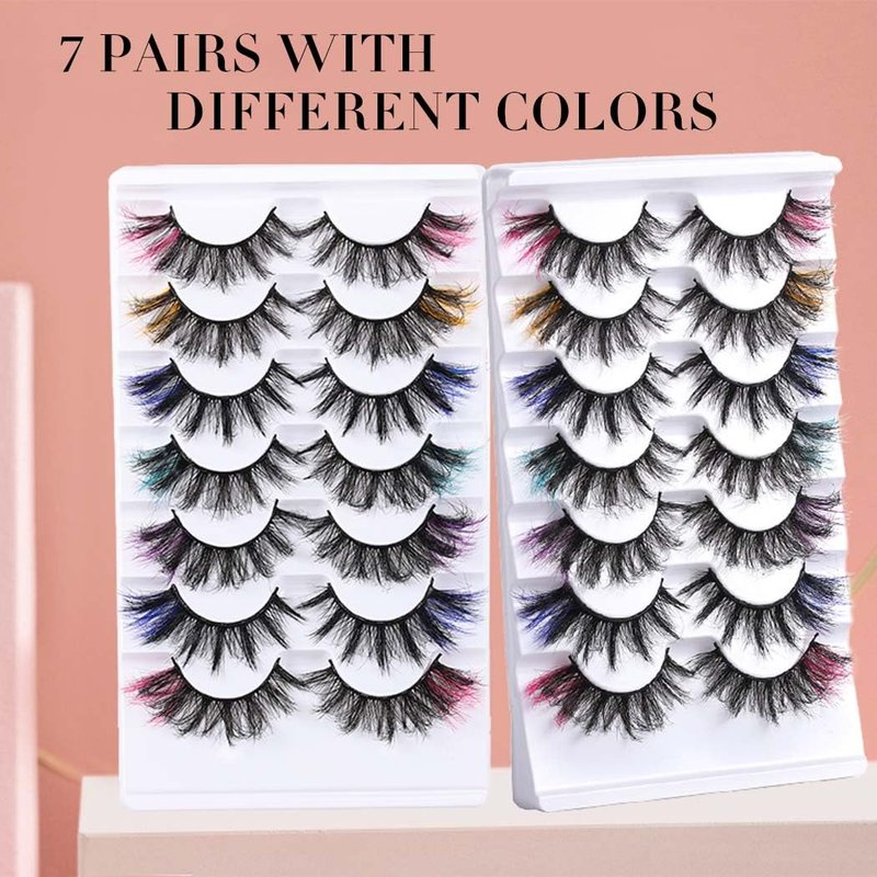 Uranian Colored False Eyelashes Mink Lashes with Color D Curl Fluffy Long Extensions Strip Dramatic Faux Eyelashes 7 Pairs Colorful Lashes Volume Fake Eyelashes for Women