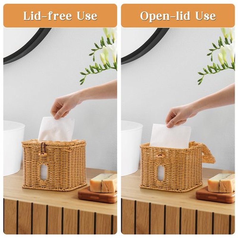 Hordely Facial Clean Skin Club Face Towels Holder for Bathroom, Plastic Rattan Disposable Face Towel Holder, Farmhouse Style for XL Face Towels Box Basket with Lid, Light Brown
