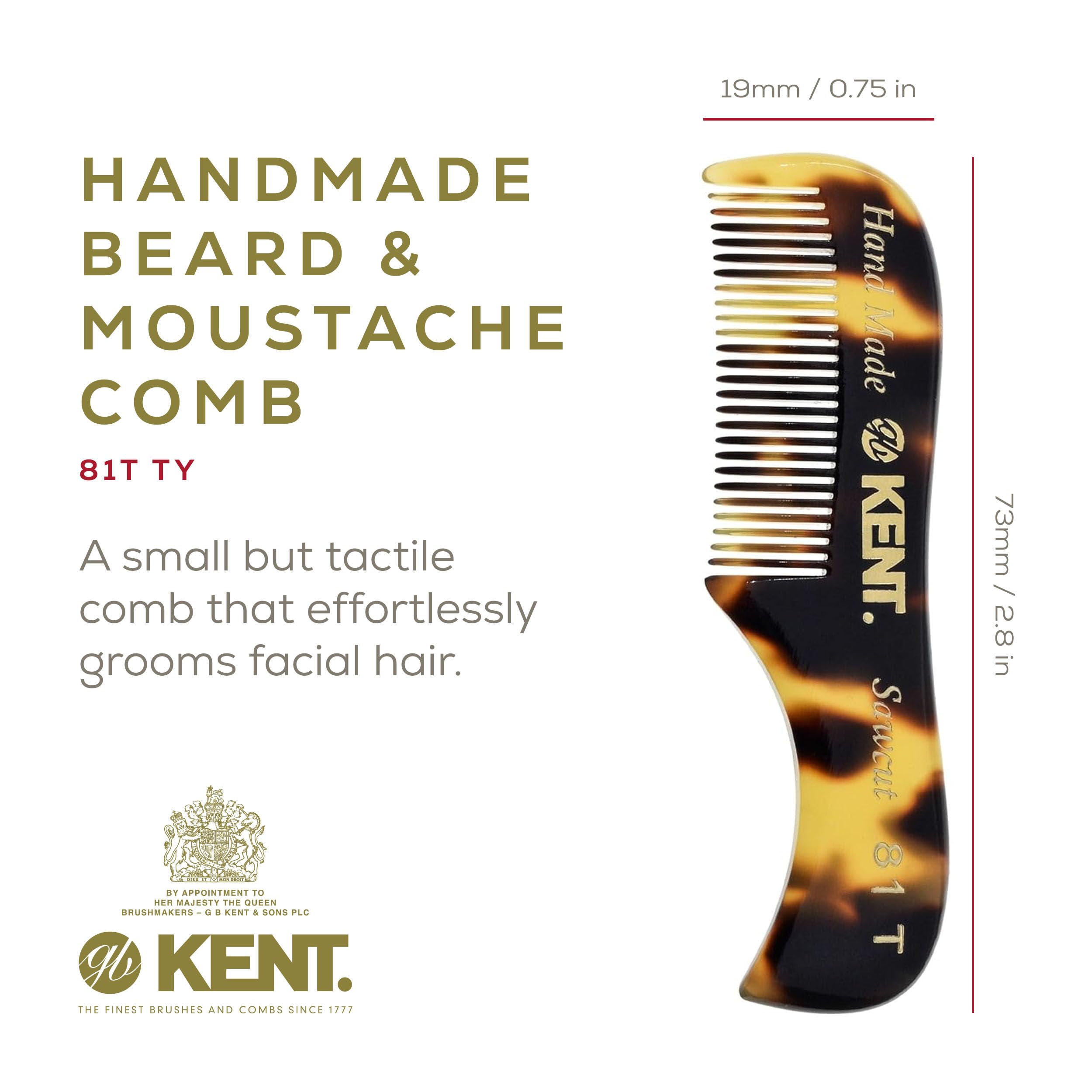 Kent A 81T TY X-Small Gentleman's Beard and Mustache Pocket Comb, Fine Toothed Pocket Size for Facial Hair Grooming and Styling. Saw-cut of Cellulose Acetate, Hand Polished. Hand-Made in England