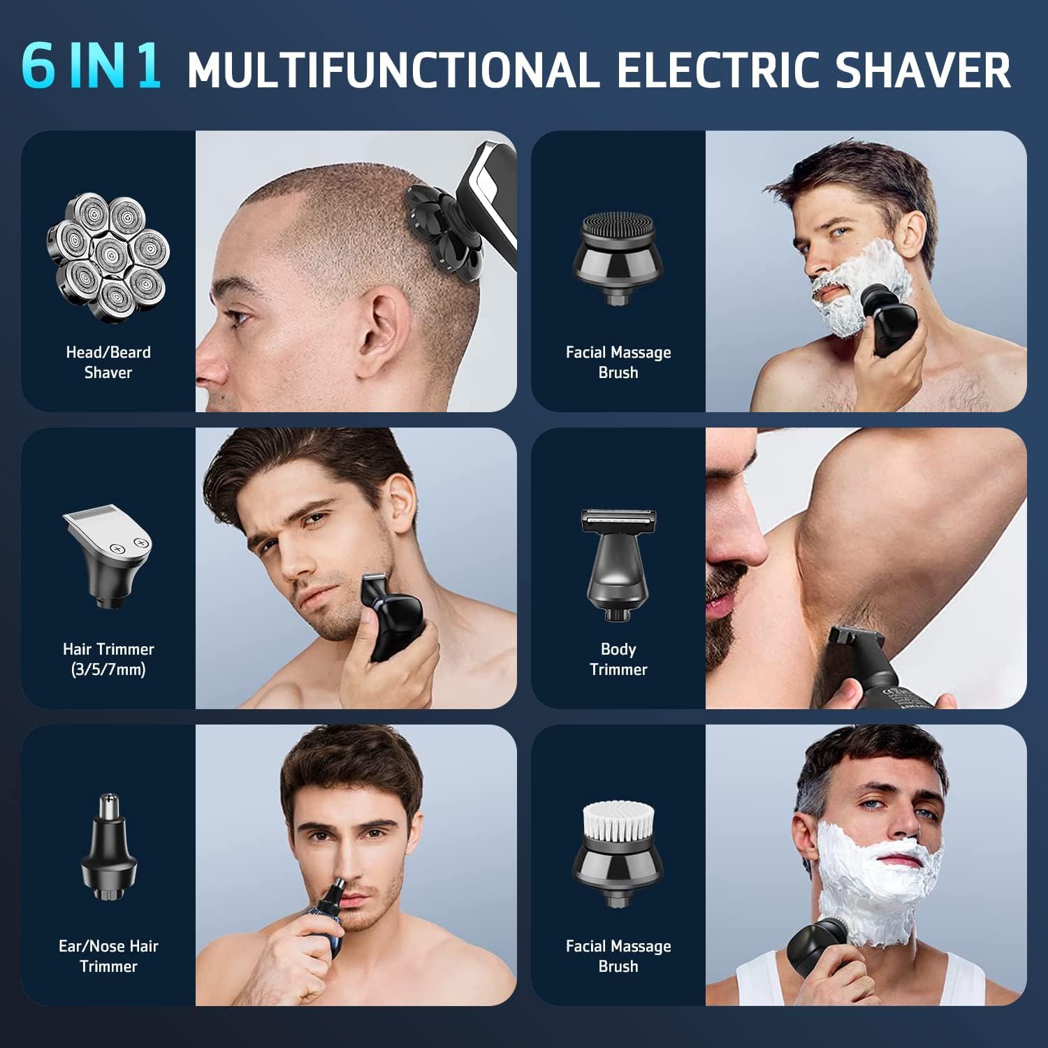 Electric Head Shaver for Men, 8D Upgraded 6-in-1 Head Shaver for Bald Men, Waterproof Wet/Dry Electric Shaver Razor Beard Grooming Kit Cordless Rechargeable