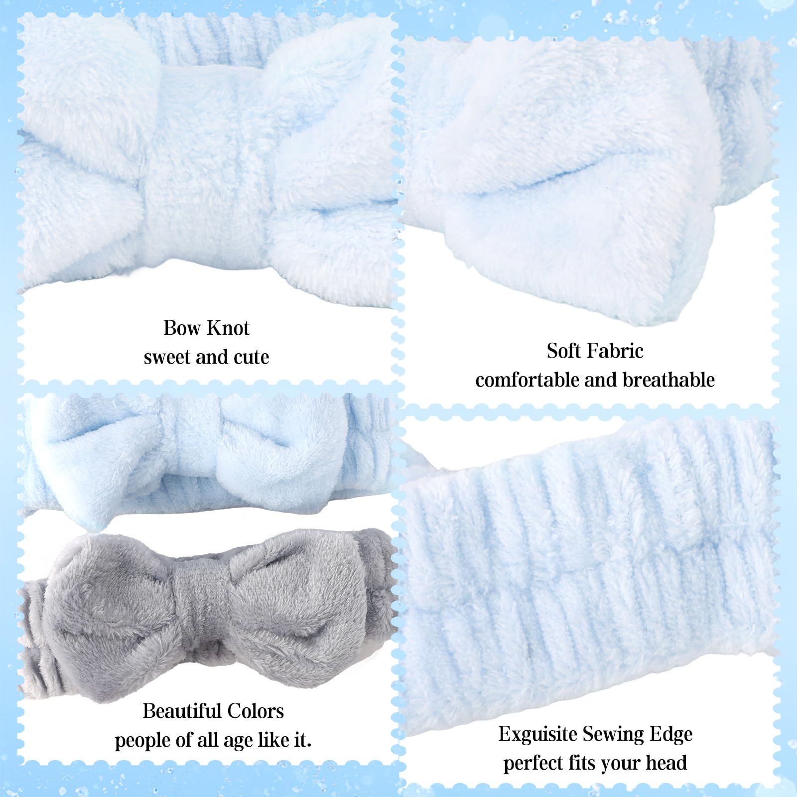 WHAVEL 6PCS Spa Headband and Wristbands Set, Face Wash Headband Wrist Bands for Washing Face Skincare Makeup Hair Band Skin Care Accessories Tools，Blue&Gray