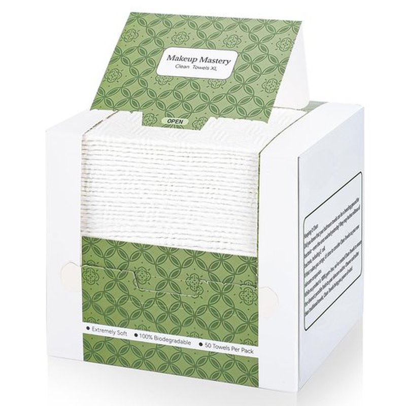 MakeupMastery Disposable Face Towels, 10"×12" Biodegradable Facial Towelettes for Sensitive Skin & Travel, Extra Soft and Thick Makeup Remover Dry Wipes - 50 Count