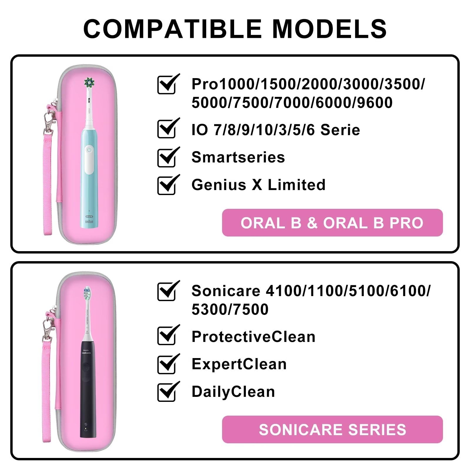 TUNYINSH Toothbrush Travel Case for Oral B/Oral-B Pro 1000 1500 5000 7000 7500 6000 9600/ Phlips Sonicare 4100 5100 1100 6100 5300 Electric Toothbrush, Portable Hard Protective Storage Bag (Pink)
