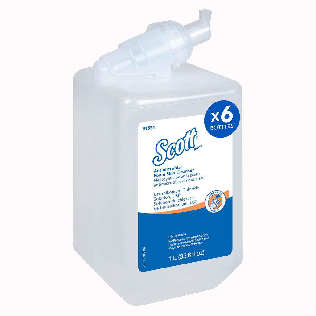 Scott Professional Antimicrobial Foam Skin Cleanser (91554), 1.0 L, Foaming, Clear, No Fragrance Added, Manual Hand Soap Refills, 0.1% Benzalkonium Chloride (6 Bottles)