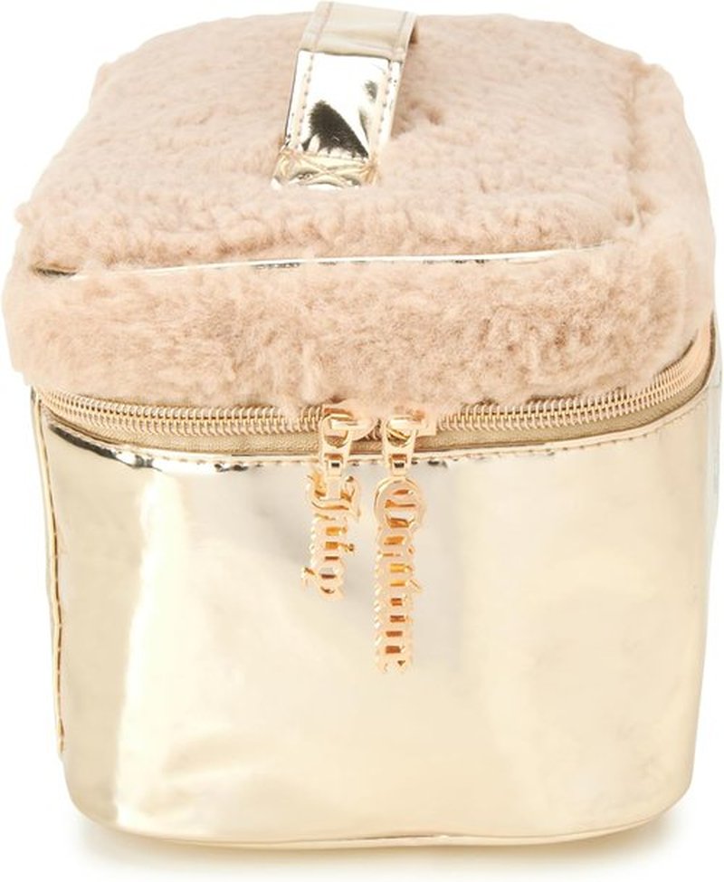 Juicy Couture Gold Makeup Bag - Shiny Rhinestones Travel Organizer | Faux Shearling Design