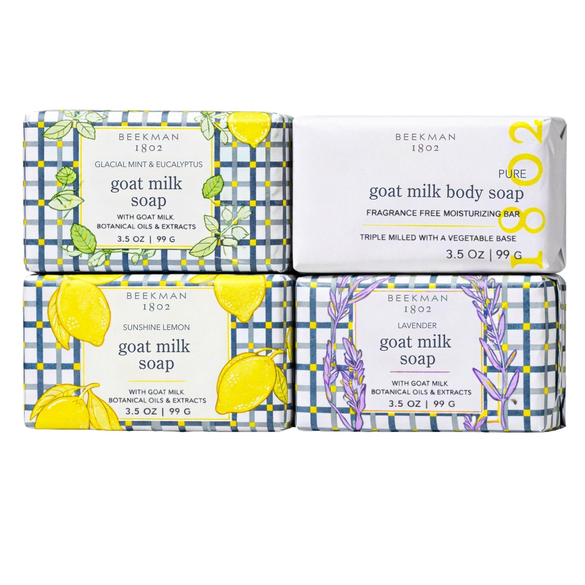 Beekman 1802 Goat Milk Soap Scent Sampler – Moisturizing Hand & Body Soap Bar with Shea Butter & Botanical Oils, Triple-Milled, Non-Drying, Made for Sensitive Skin, Assorted Scents 3.5 oz (Pack of 4)