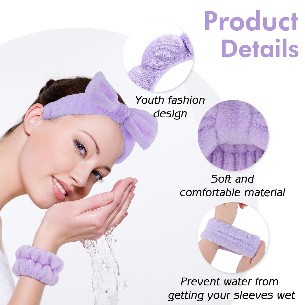 Zkptops 6Pcs Spa Headband for Washing Face Wristbands Set Women Bubble Makeup Sponge Terry Cloth Padded Puffy Skincare Headband Bow Tie Hairband Cute Non Slip Thick Hair Accessory Gifts (Purple)