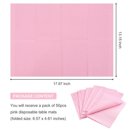 SUTOKAKA 50Pcs Pink Disposable Table Mats for Nail Art 3 Ply Foldable Waterproof Dental Bibs Tattoo Sheets Nail Practice Table Cover for Medical Supplies Manicure Salon Pads
