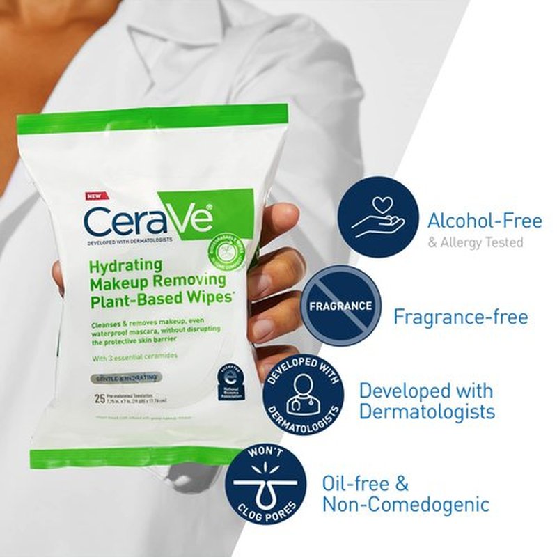 CeraVe Makeup Remover Wipes - Biodegradable Plant-Based Face Wipes for Sensitive Skin | 25ct