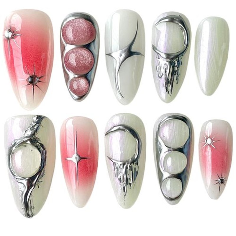 Handmade Press on Nails 3D Metal Style Medium Almond Shape Silver Sweet Cool Designs Reusable Acrylic False Nails (Silver, M)