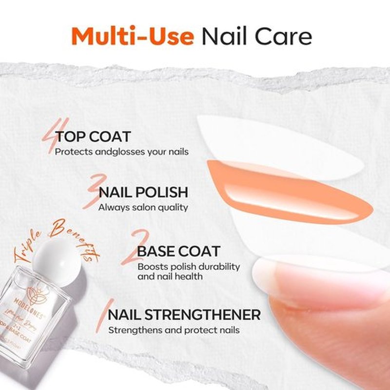 modelones 3 IN One Nail Polish Base Top Coat Nail Strengthener and Growth, 15 ml Quick Dry Clear Nail Lacquer Long Last Shine Chip Fade Resistant Nails Protect Care, Gift for Women Girls 0.5 Fl Oz
