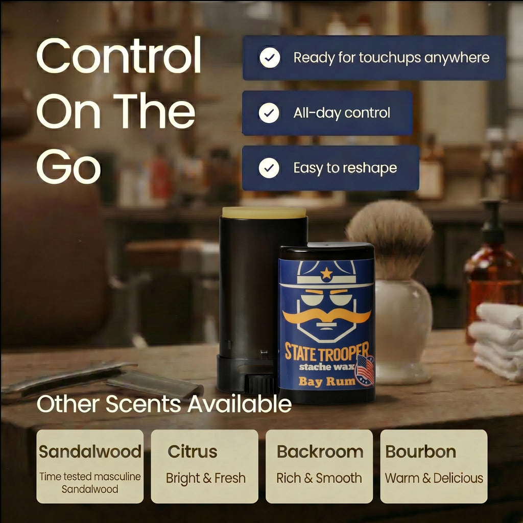 State Trooper Bay Rum - Medium Hold Mustache Wax with Beeswax, Coconut Oil & Lanolin – Natural Moustache Grooming & Styling - Nourishing Moustache Conditioner & Sculpting - 0.5 Ounce Stick/Tube