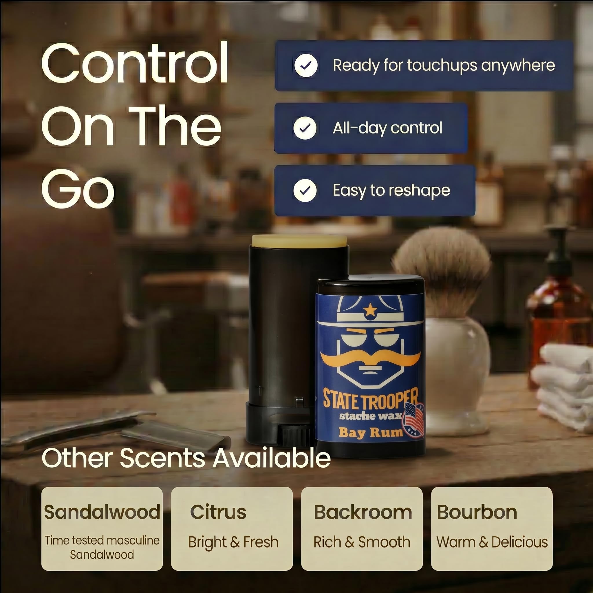 State Trooper Bay Rum - Medium Hold Mustache Wax with Beeswax, Coconut Oil & Lanolin – Natural Moustache Grooming & Styling - Nourishing Moustache Conditioner & Sculpting - 0.5 Ounce Stick/Tube