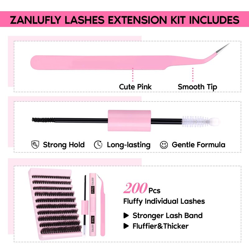 zanlufly Volume Lashes Extension Kit 20MM Mink Lashes Clusters Individual Lashes with Lash Bond and Seal and Applicator Thick Eyelashes Extension Kit