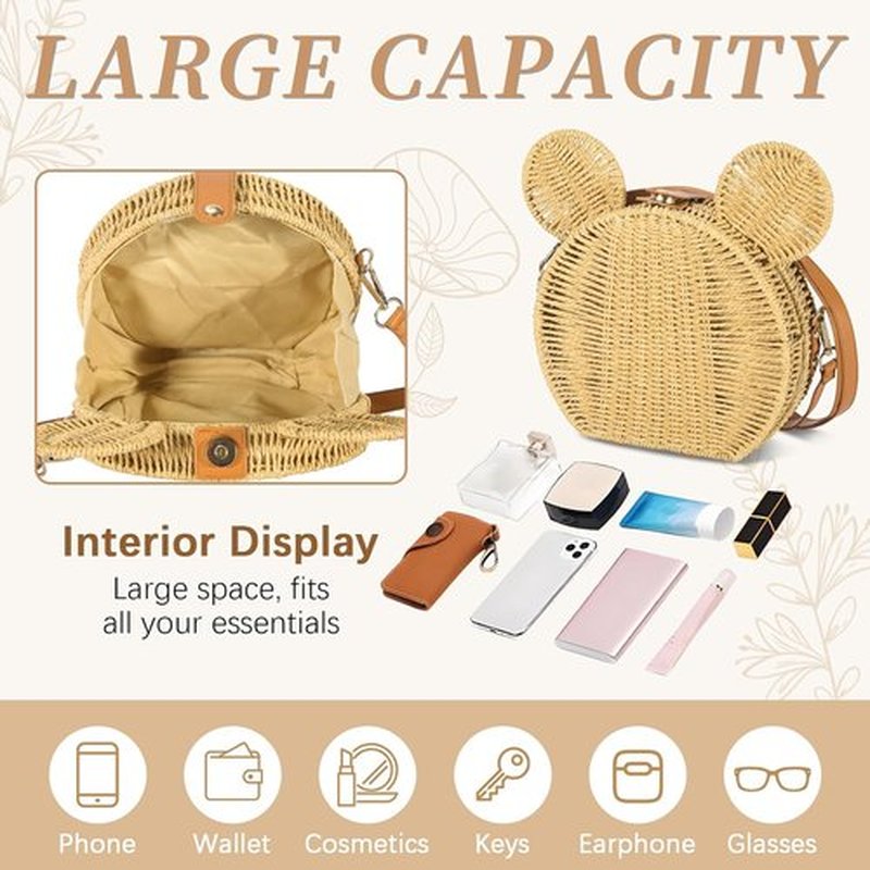 Skiennix Round Rattan Straw Bag - Handmade Wicker Purse with Cute Mouse Ears | Stylish Crossbody Handbag