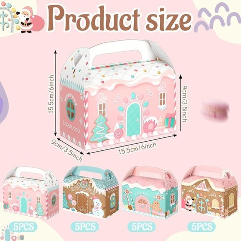 Skiennix Pink Christmas Treat Boxes - 20 Pcs 3D Gingerbread House Design | Cute Gable Goodie Gift Boxes for Snacks & Party Favors