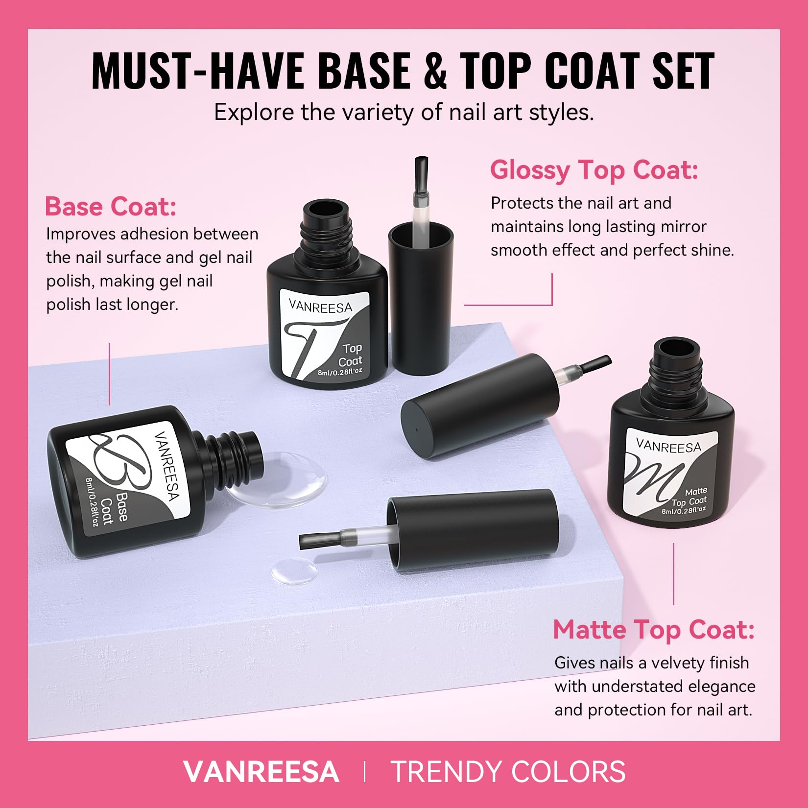 VANREESA 24 Pcs Gel Nail Polish Set - 21 Colors, Base Coat, Glossy & Matte Top Coat with Gel Polish Kit - Pink, Red, Orange, Green, Blue, Purple - Gifts for Women & Girls
