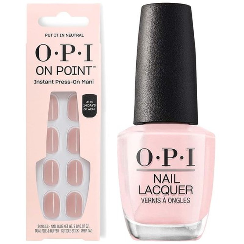 OPI Nail Lacquer & Press-On Nails Bundle - Put It In Neutral | 24 Count Sheer Soft Short Round Nails with Glue