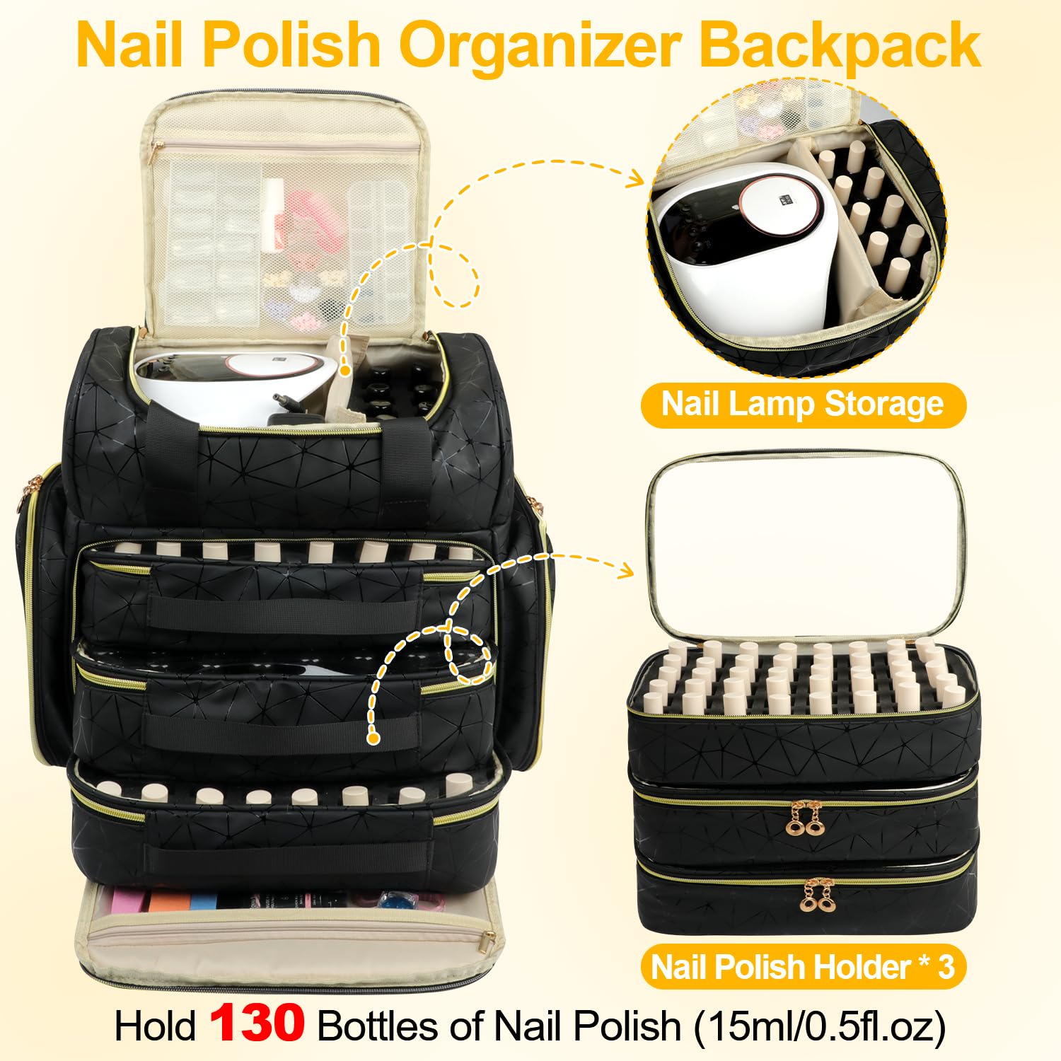 Veirdro Nail Polish Organizer Backpack Holds 130 Bottles (15ml/0.5fl.oz)& Nail Lamp, Extra Large Nail Kit Storage Bag with 3 Removable Carrying Cases, Nail Tech Supplies Organizer Case for Women Black