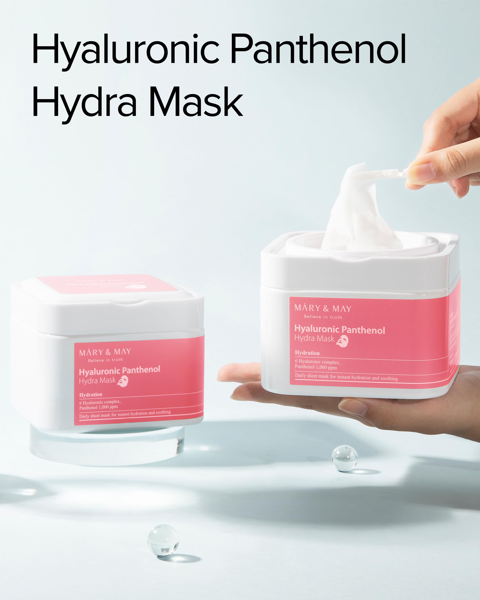 Mary&May Hyaluronic Panthenol Hydra Mask (30 Sheets) – Daily Pull-Out Box with 6 Types HA, Hydrating & Soothing Korean Sheet Mask for Dry Dehydrated Skin, Glass Skin Prep
