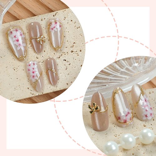 Handmade Press on Nails-medium Almond Fake Nails | 3D Cherry Blossom & Golden Bow Design False Nails,Pink Cat Eye Acrylic Nail,Stick on Nails for Women Girls Daily Nail Art 30Pcs